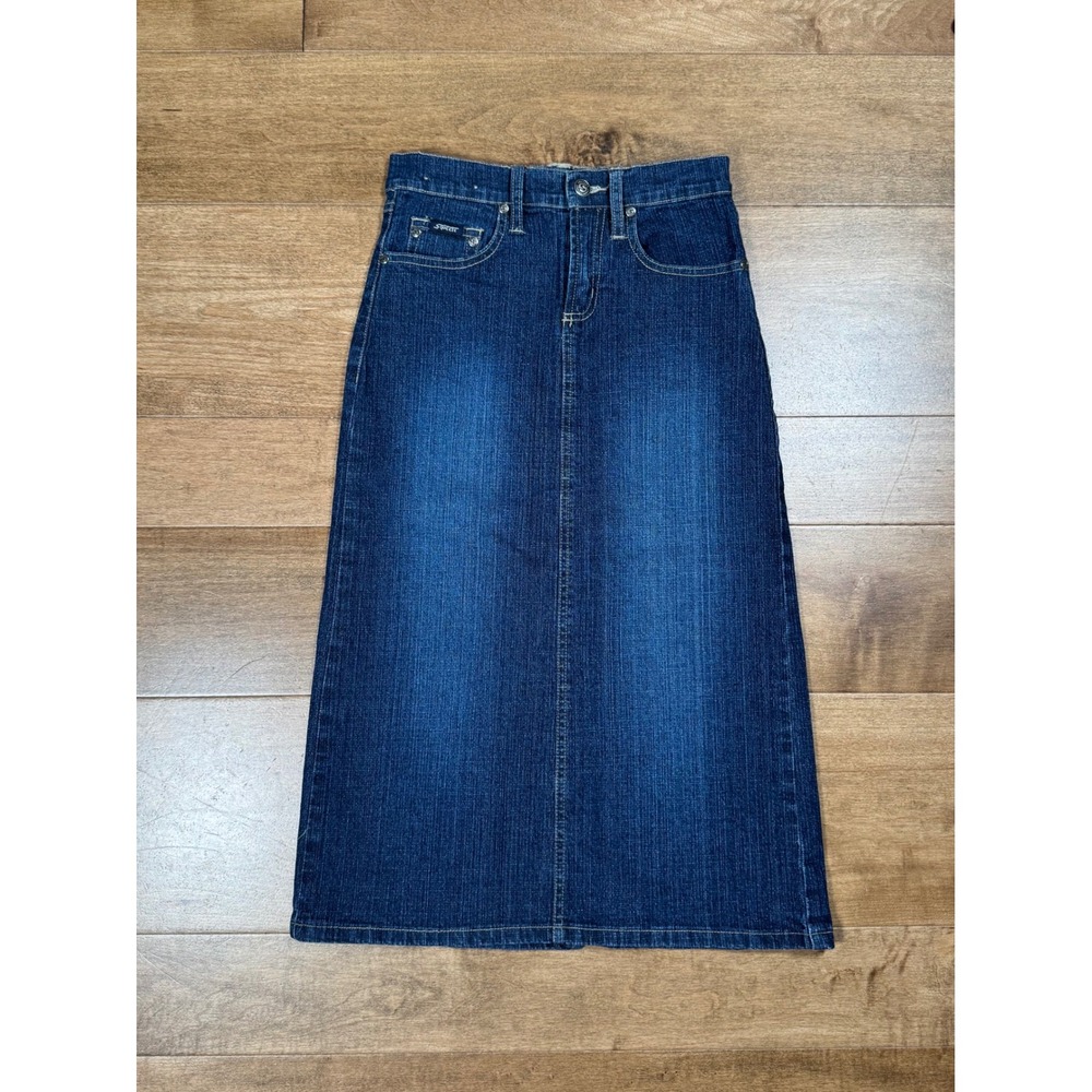 Squeeze‎ Stephen Hardy Denim Midi Skirt Blue Slit Y2K Streetwear Chic Womens 1/2